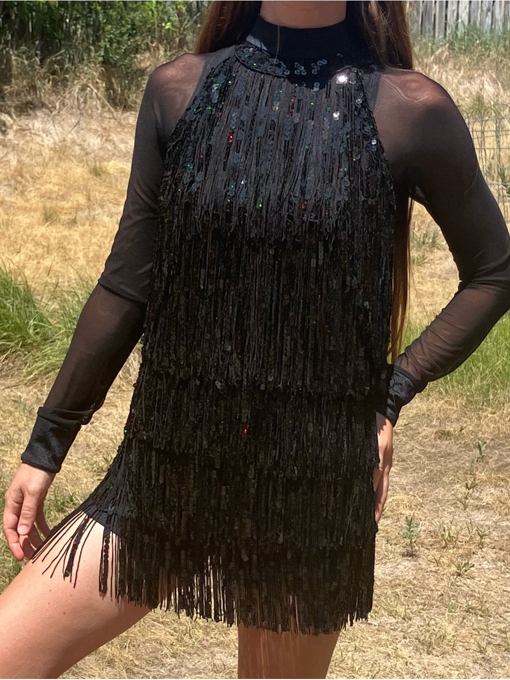 Black Fringe Sequin Sheer-Sleeve Mini Dance Dress/Leotard